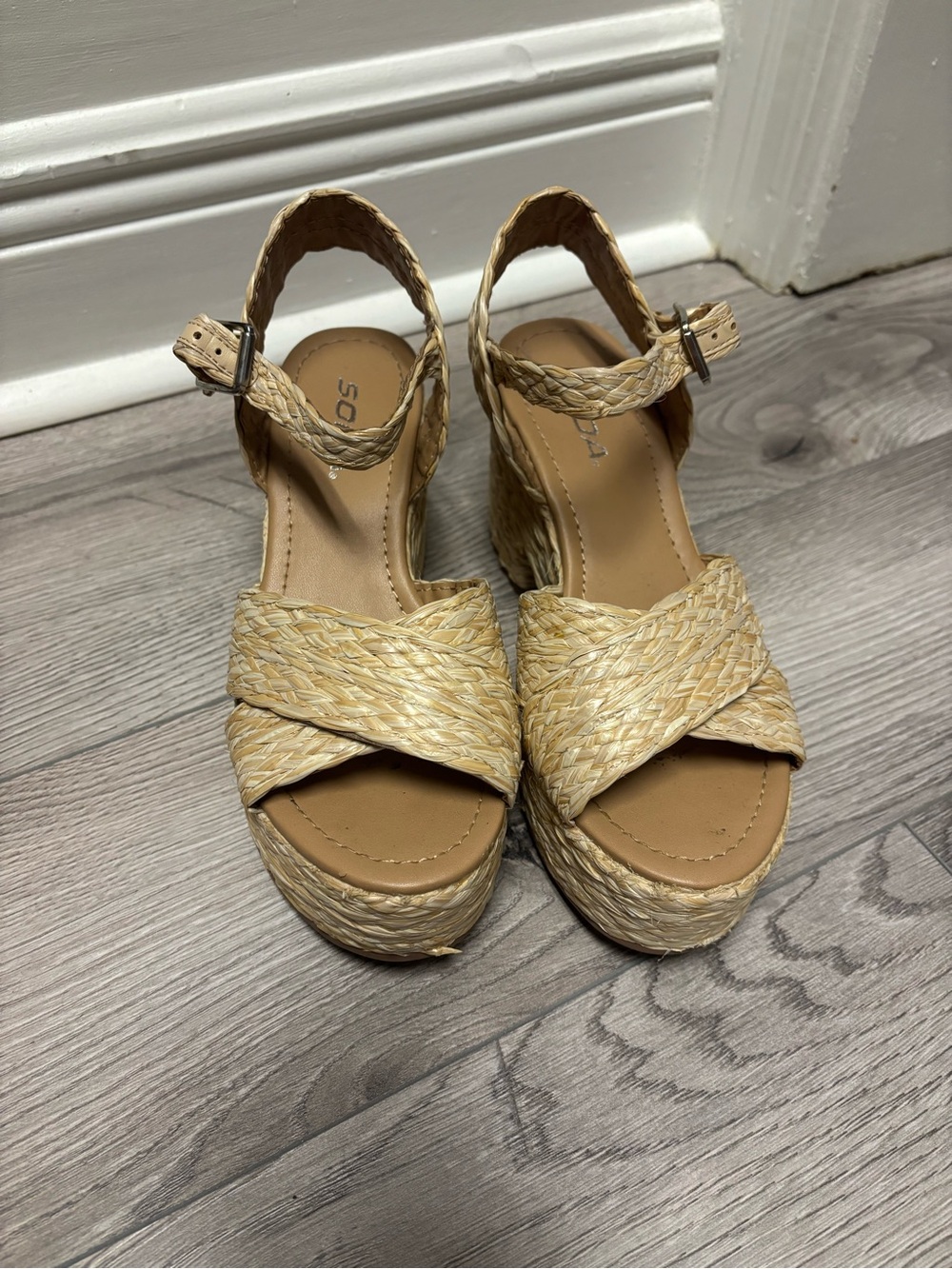 Woven Platform Chunky Heel Sandals in Natural Tan - Women's